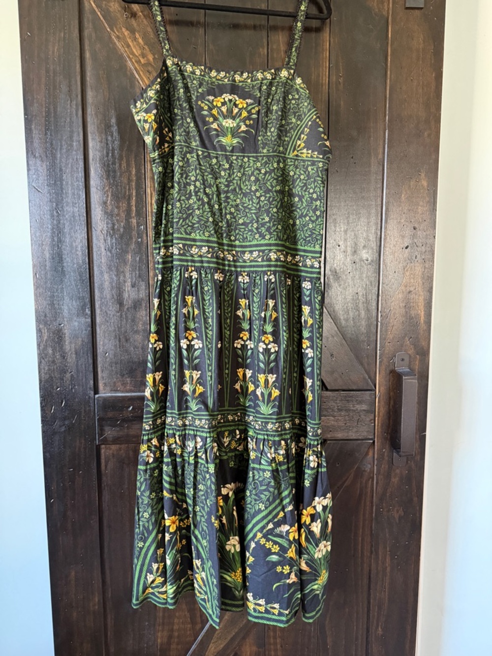 FARM Rio Black and Green Floral Tiered Maxi Dress with Yellow Blooms